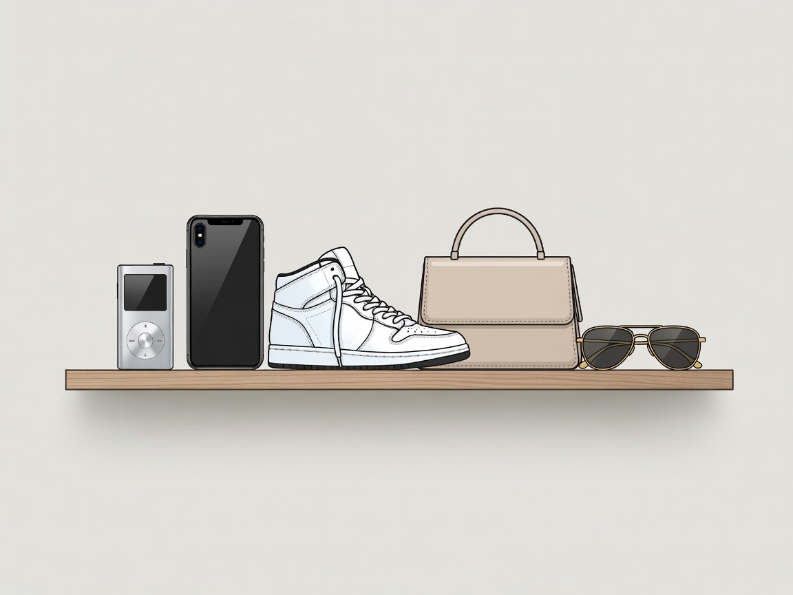 Illustration of a display shelf holding a music player, a smartphone, a trainer, a handbag and a pair of sunglasses
