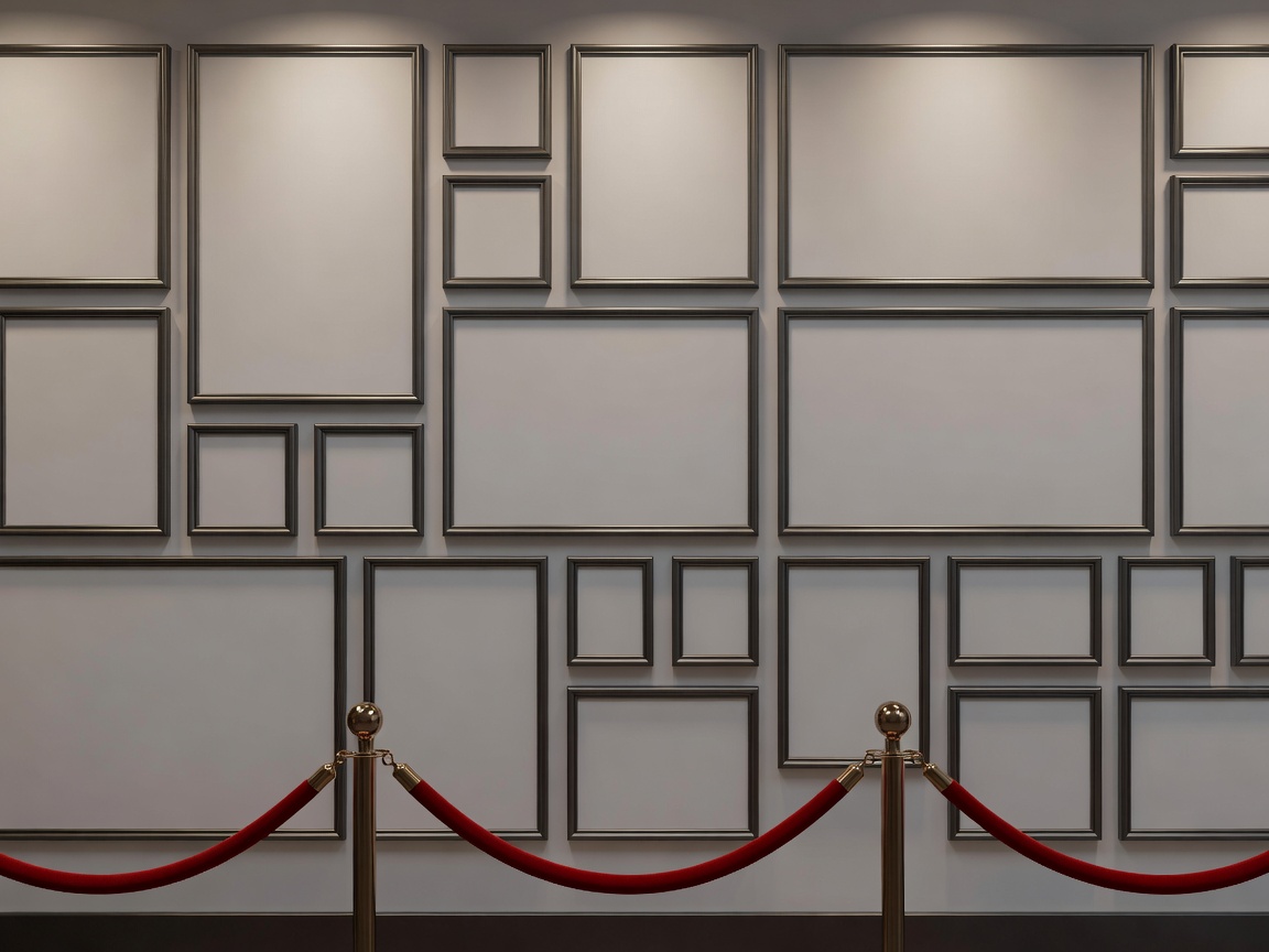 Illustration of a cinema lobby wall covered in blank poster frames of different sizes above a velvet rope
