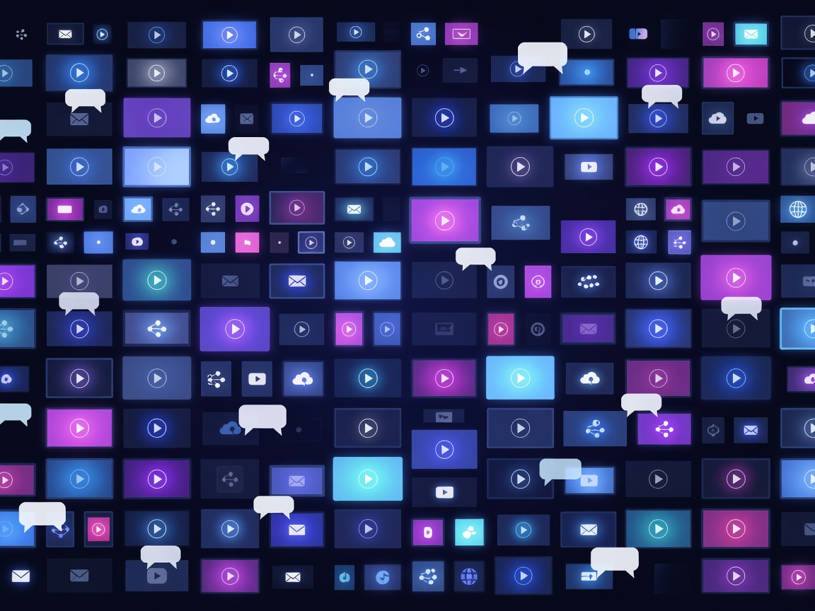 Illustration of a grid of glowing rectangular screens of varying sizes with play buttons and speech bubbles