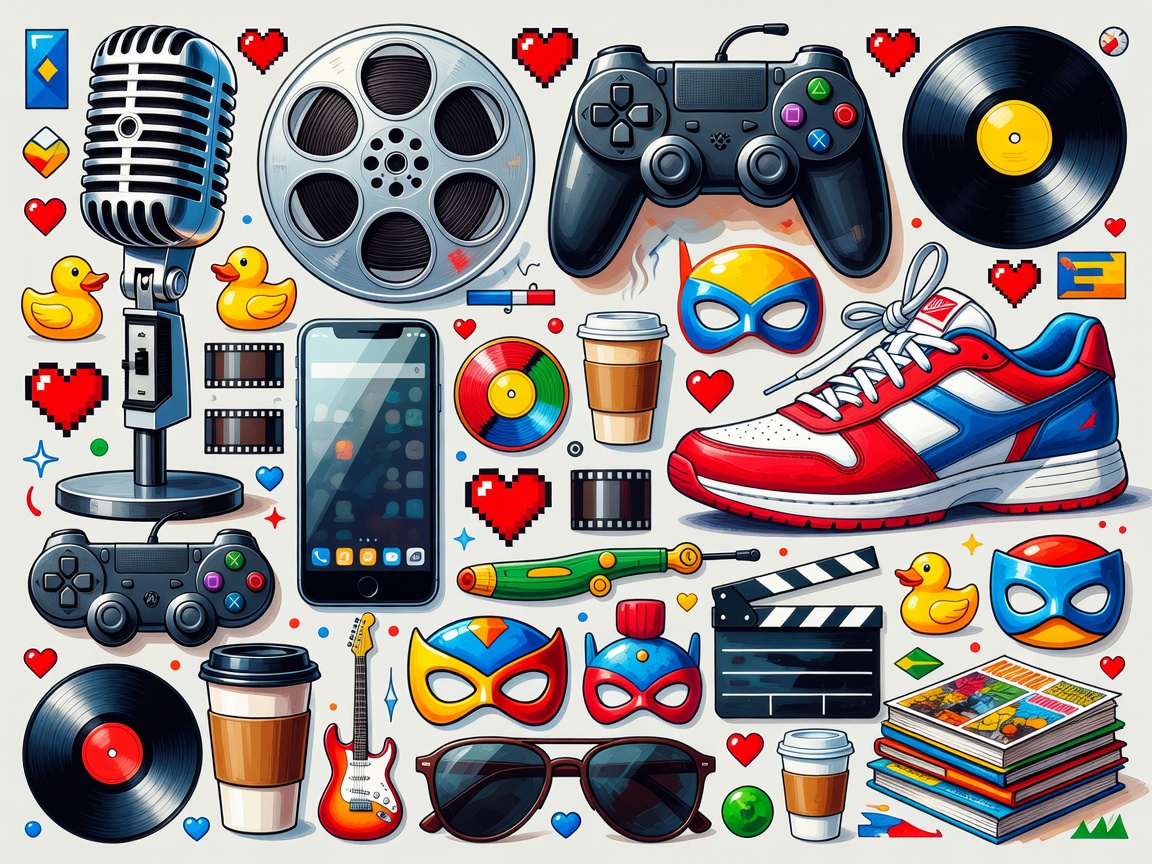 Illustrated collage of a microphone, film reel, games controller, smartphone and trainer arranged in a grid of pop culture symbols