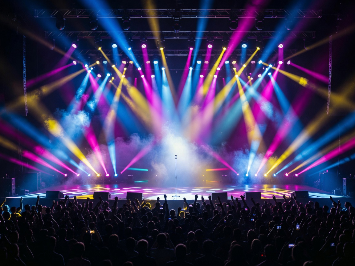 Illustration of an arena stage with lighting rigs, a central microphone stand and banks of coloured beams over a crowd