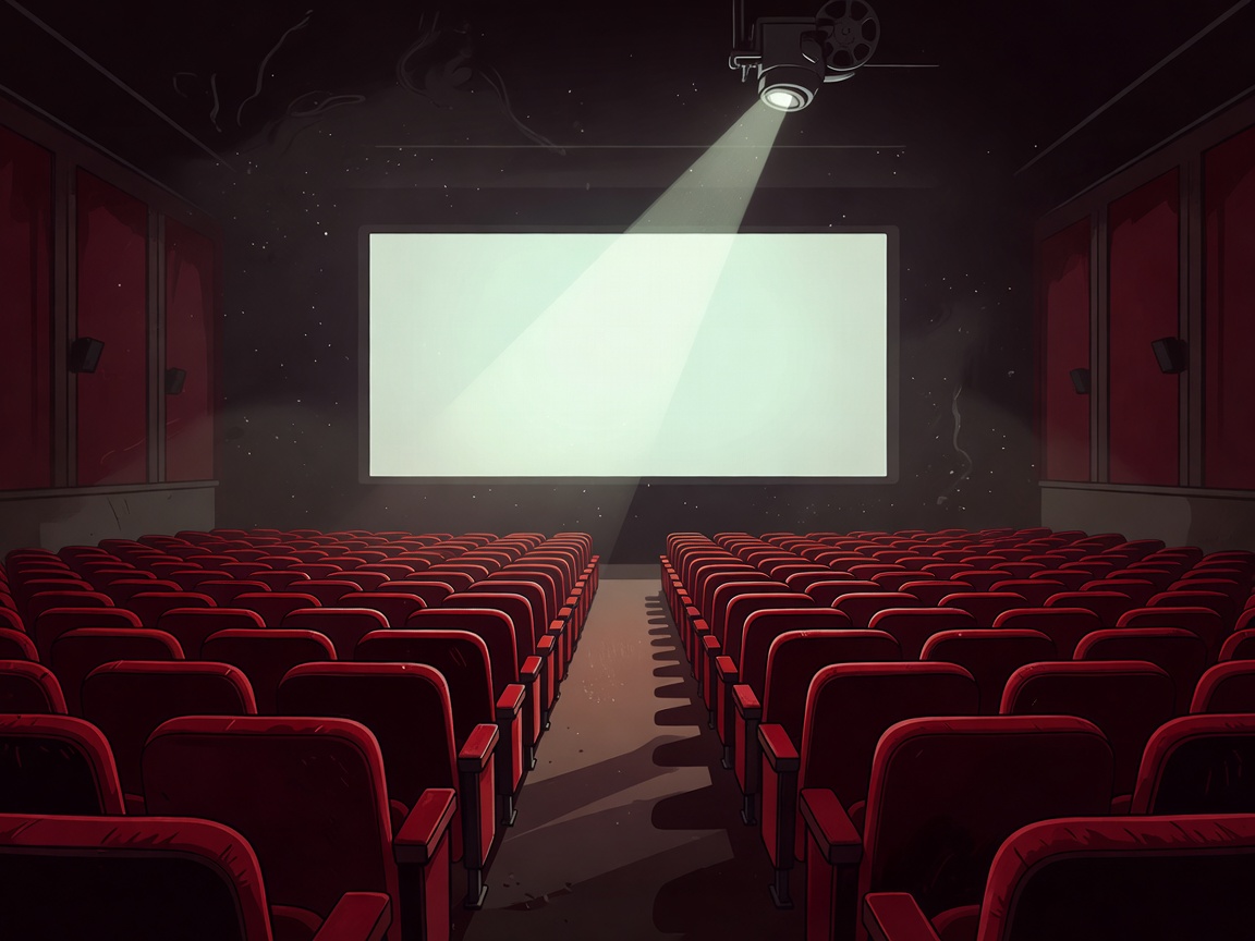 Illustration of a cinema auditorium with rows of seats facing a bright rectangular screen and a projector beam overhead